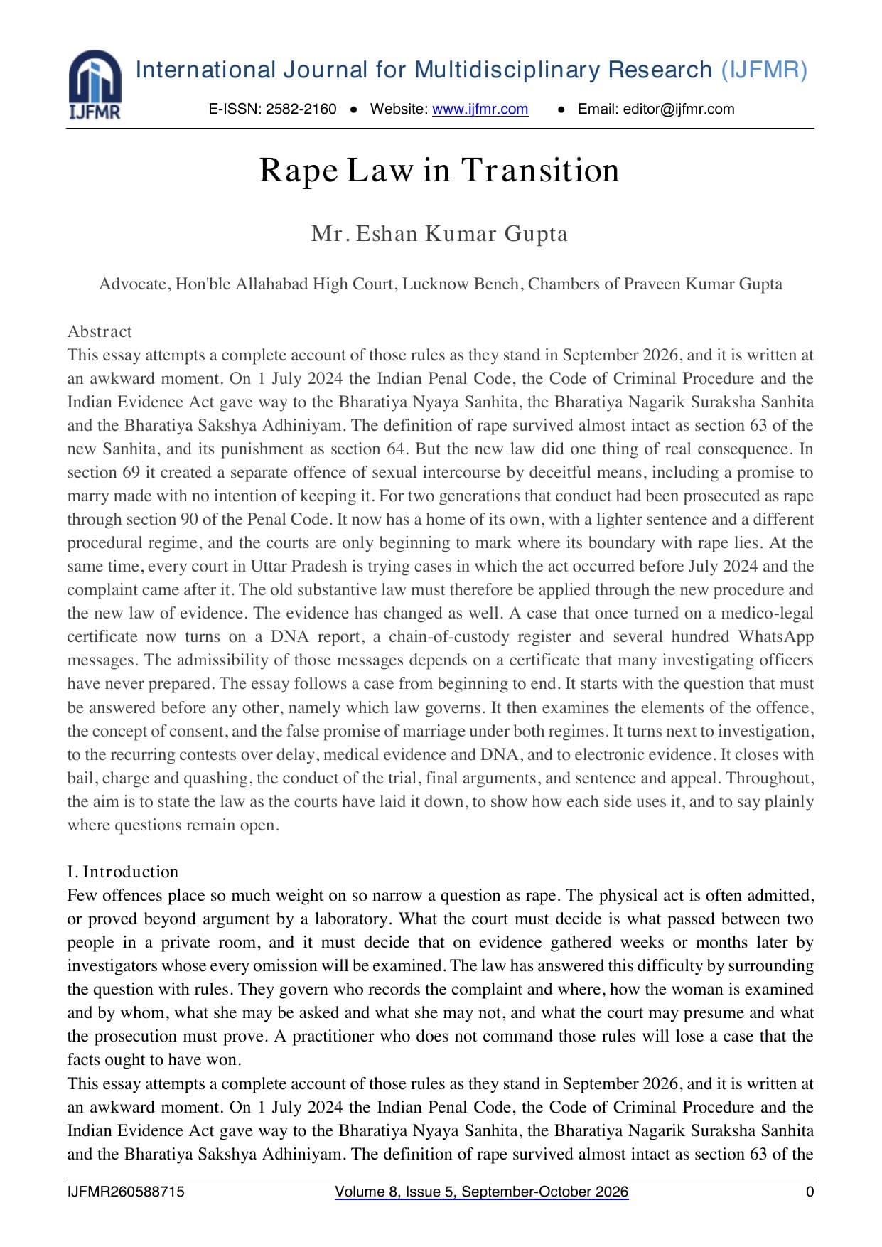 The first page of Rape Law in Transition as published in the International Journal for Multidisciplinary Research, showing the title, the author's name and the abstract.